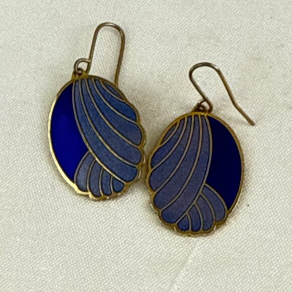 Roman Blue Purple Enamel Dangle Earrings Abstract Oval Gold Tone Hook VTG - Picture 5 of 6
